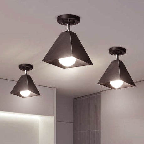 Vintage Style Semi Flush Mount Ceiling Light For Corridor - Black/White Metallic 1/3-Bulb Pyramid