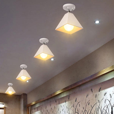 Vintage Style Semi Flush Mount Ceiling Light For Corridor - Black/White Metallic 1/3-Bulb Pyramid