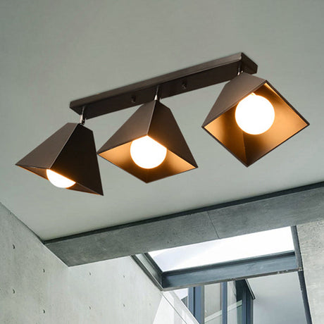 Vintage Style Semi Flush Mount Ceiling Light For Corridor - Black/White Metallic 1/3-Bulb Pyramid