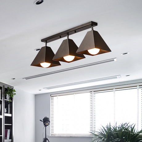 Vintage Style Semi Flush Mount Ceiling Light For Corridor - Black/White Metallic 1/3-Bulb Pyramid