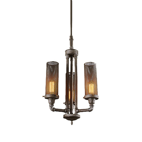 Farmhouse Style Pewter Iron Chandelier With Tube Lights And Mesh Cylinder Shade - 3/5/8 Available