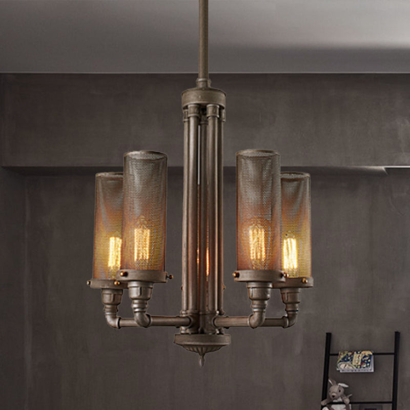 Farmhouse Style Pewter Iron Chandelier With Tube Hanging Lamp - 3/5/8 Lights Cylinder Mesh Shade 5 /