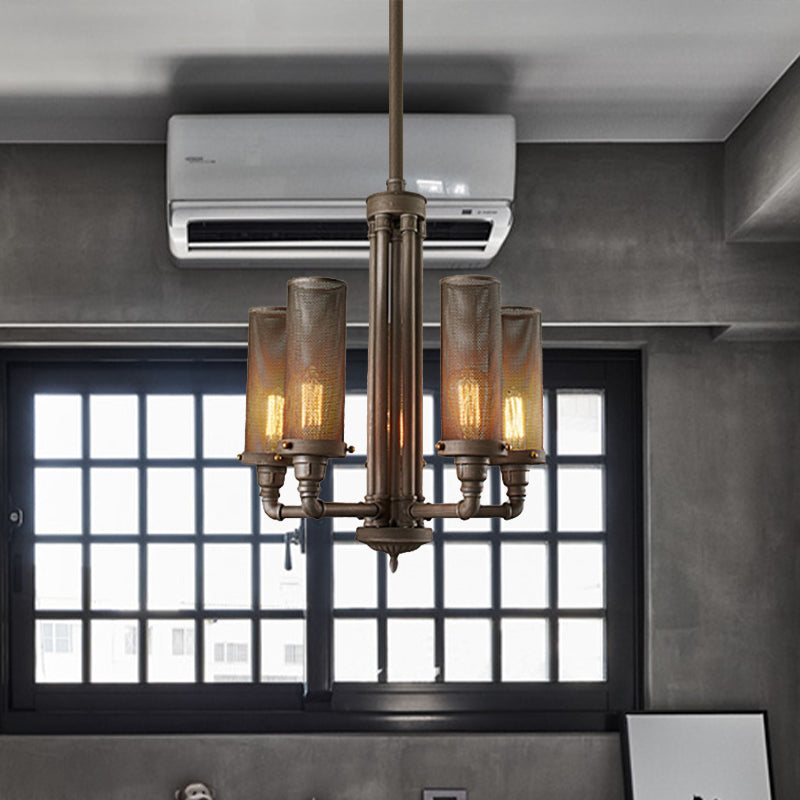 Farmhouse Style Pewter Iron Chandelier With Tube Hanging Lamp - 3/5/8 Lights Cylinder Mesh Shade