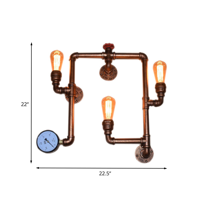 Industrial Copper Finish 3-Head Iron Sconce Light - Twisted Living Room Wall Mount Pipe Lamp With