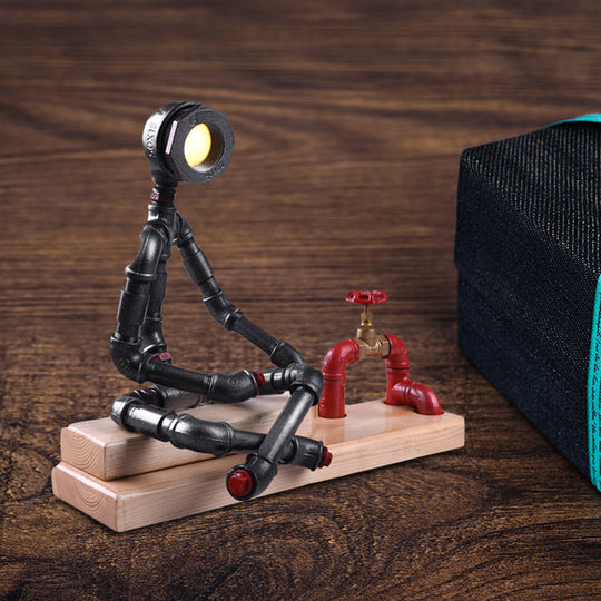 Iron Cross Legged Table Lamp With Industrial Led Valve Deco And Wood Base - Black Finish Perfect For