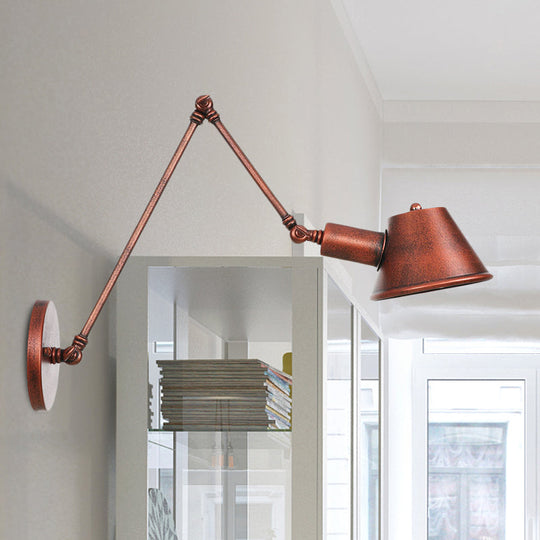 Rustic Iron Finish Swing Arm Wall Sconce With Bell Shade - Farmhouse Style 1-Light Mount Fixture