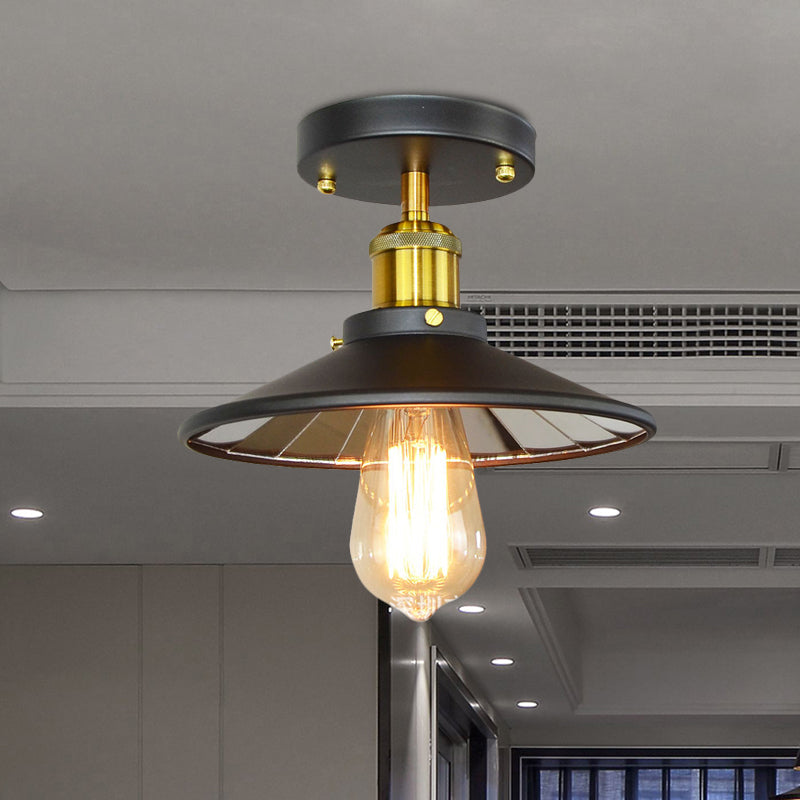 Black Metal Wide Flare Semi Flush Industrial Ceiling Lamp - 1 - Light For Study Room