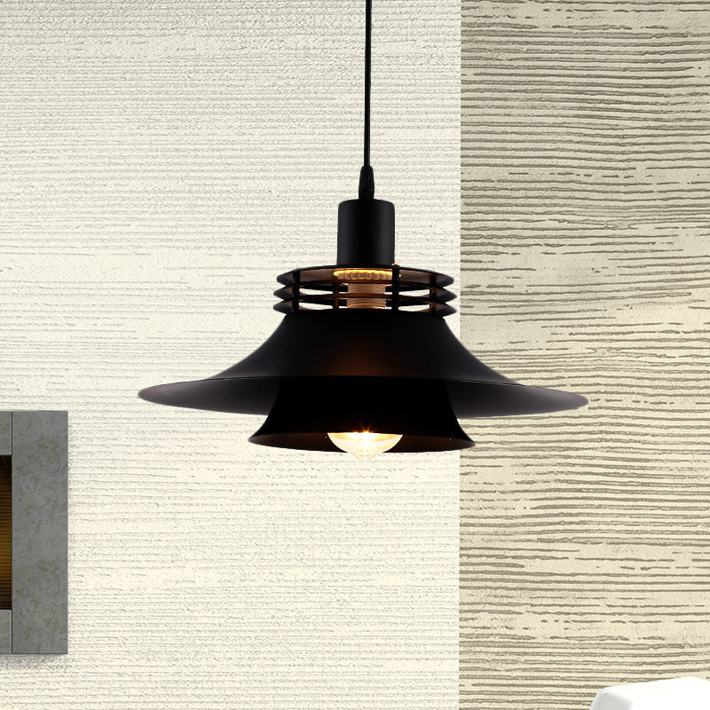 Restaurant Ceiling Light: Wide Flare Pendant Countryside Black Iron | 2-Layer 1 Bulb 12.5’/14’