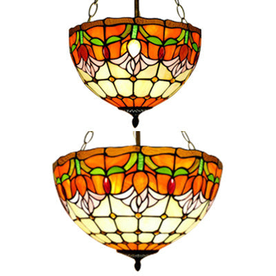 Tiffany Stained Glass Chandelier - Orange Bowl Pendant Light 12’/16’ Width Ideal For Foyer