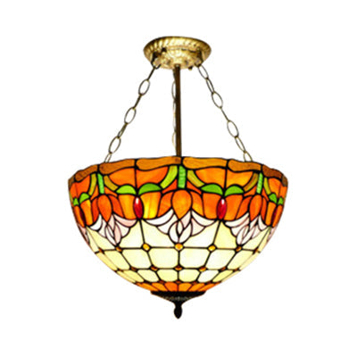 Tiffany Stained Glass Chandelier - Orange Bowl Pendant Light 12’/16’ Width Ideal For Foyer / 16’