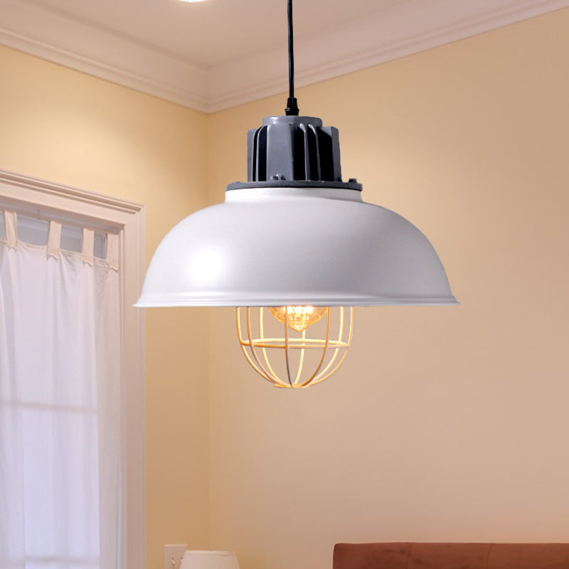 Industrial Metal Drop Pendant Lamp - White Domed Design Ceiling Suspension For Restaurants (1-Bulb)
