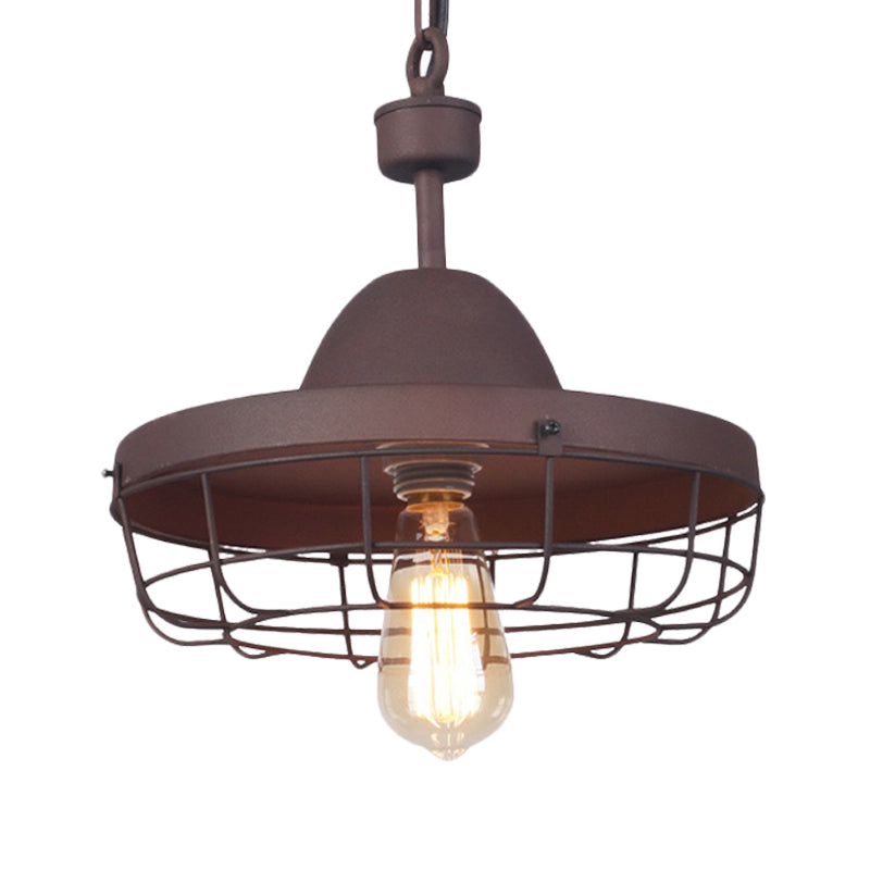 Rust Metal Cage Pendant Light With Barn Shade Suspension - Vintage 1-Light Lamp