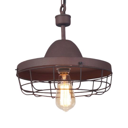 Rust Metal Cage Pendant Light With Barn Shade Suspension - Vintage 1-Light Lamp