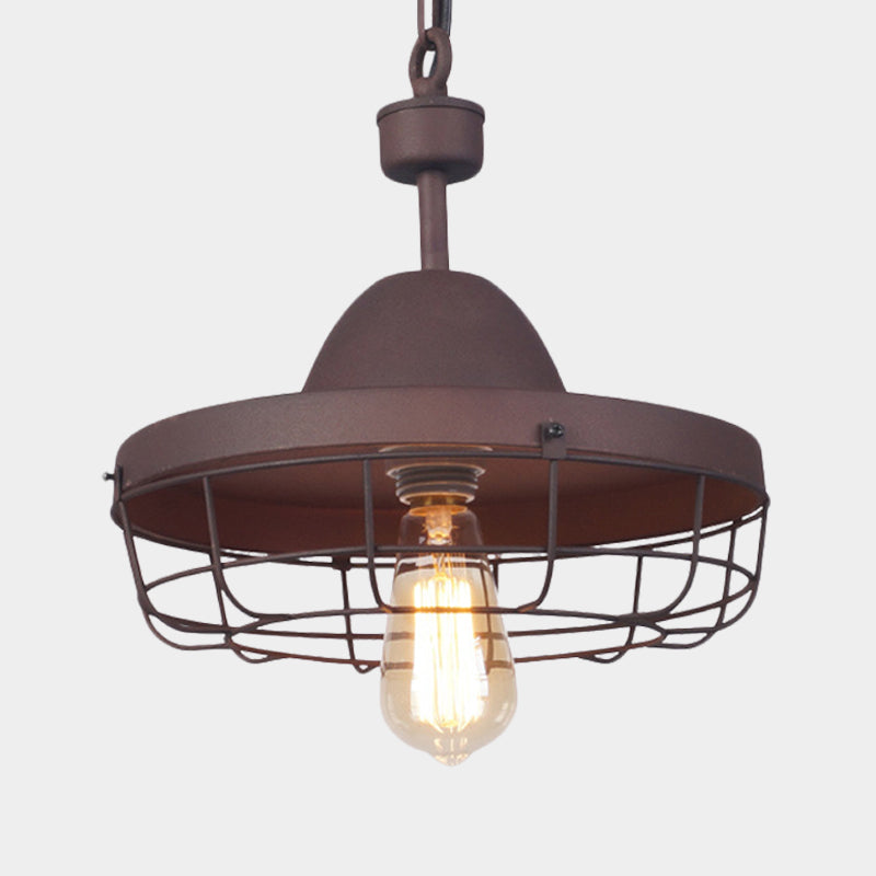 Rust Metal Cage Pendant Light With Barn Shade Suspension - Vintage 1-Light Lamp