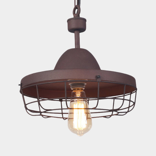Rust Metal Cage Pendant Light With Barn Shade Suspension - Vintage 1-Light Lamp