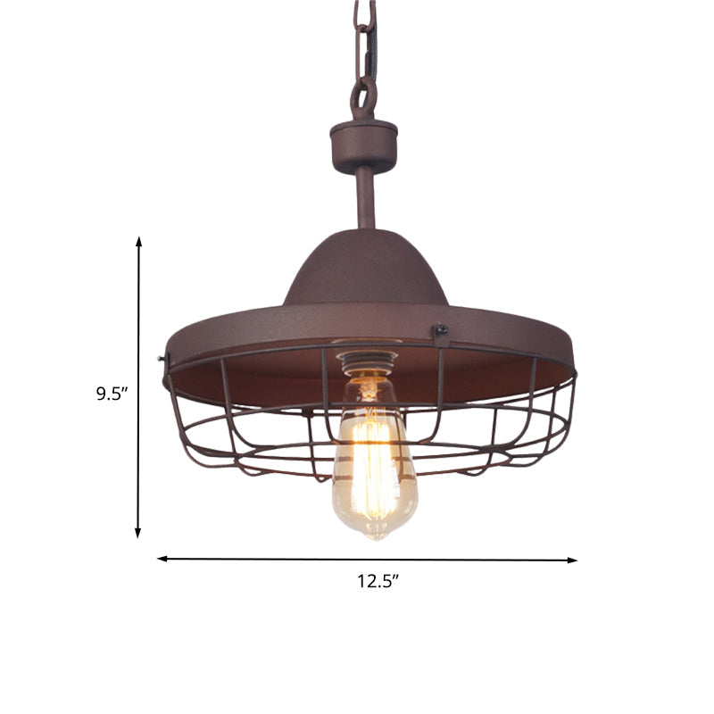 Rust Metal Cage Pendant Light With Barn Shade Suspension - Vintage 1-Light Lamp