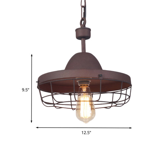 Rust Metal Cage Pendant Light With Barn Shade Suspension - Vintage 1-Light Lamp
