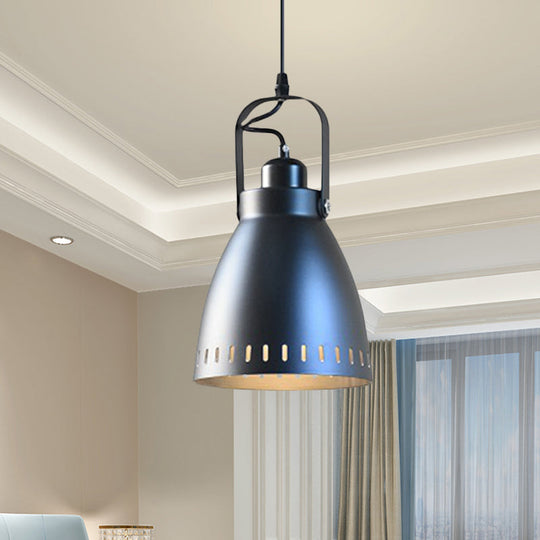 Industrial Small Bell Metallic Drop Pendant Lamp In Black With Handle - 1-Bulb Hanging Light Fixture