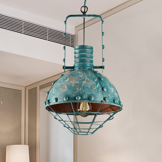 Rustic Aqua Hanging Pendant With Domed Shade - Wire Cage Iron Down Lighting For Restaurants