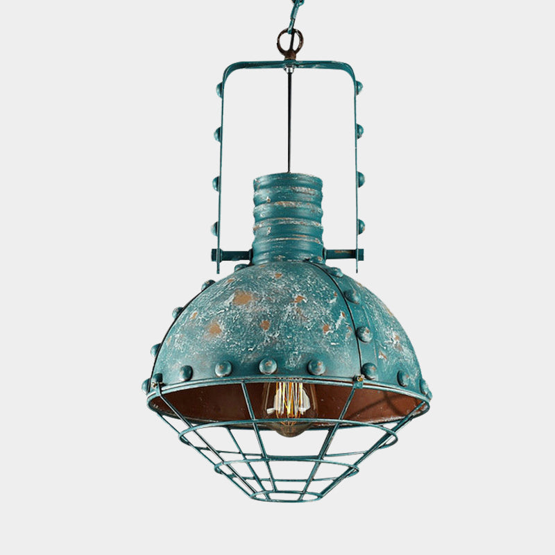 Rustic Aqua Hanging Pendant With Domed Shade - Wire Cage Iron Down Lighting For Restaurants