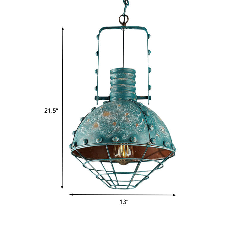 Rustic Aqua Hanging Pendant With Domed Shade - Wire Cage Iron Down Lighting For Restaurants