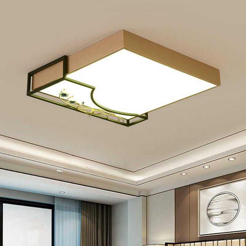 Contemporary Gold Square Flush Mount Led Ceiling Lamp With Elegant Flower Decor