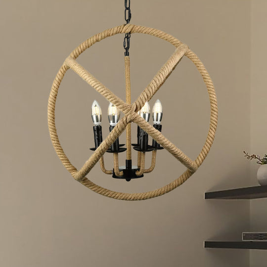 Adjustable Beige Chandelier For Bedrooms - Industrial Style Hanging Lamp Rope Globe Cage With Chain