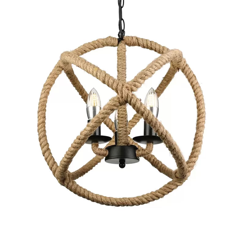 Adjustable Beige Chandelier For Bedrooms - Industrial Style Hanging Lamp Rope Globe Cage With Chain