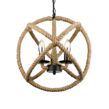 Adjustable Beige Chandelier For Bedrooms - Industrial Style Rope Globe Cage Hanging Lamp