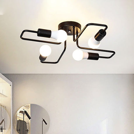 Loft Industrial Exposed Semi Flush Light Fixture - 4/6-Head Metallic Ceiling In Black/White For