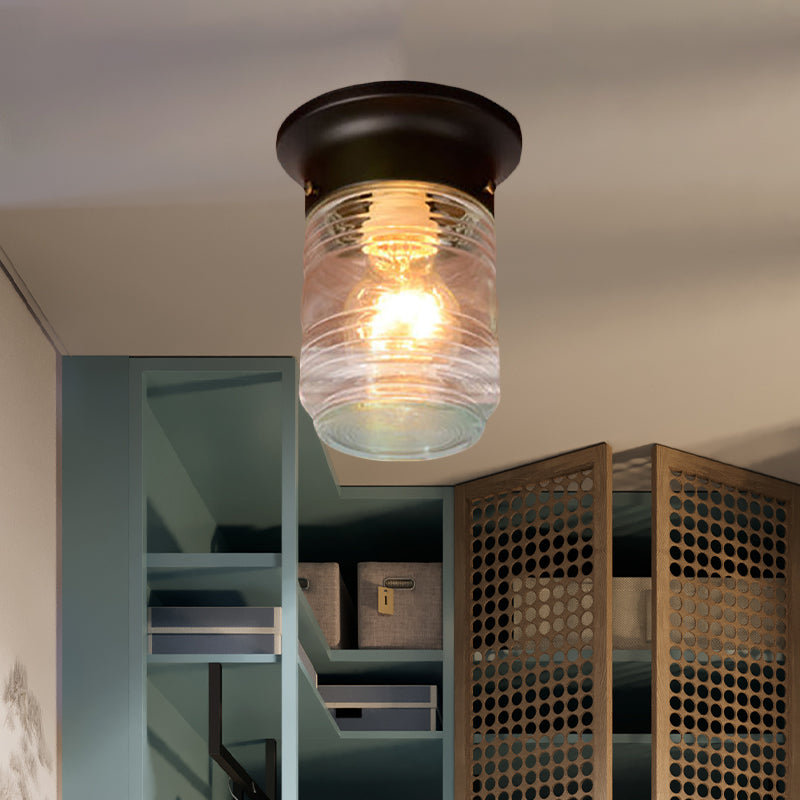 Hand Blown Glass Industrial Ceiling Light With Cylinder Shape And Flush Mount - Black/White