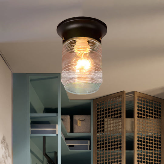 Hand Blown Glass Industrial Ceiling Light With Cylinder Shape And Flush Mount - Black/White