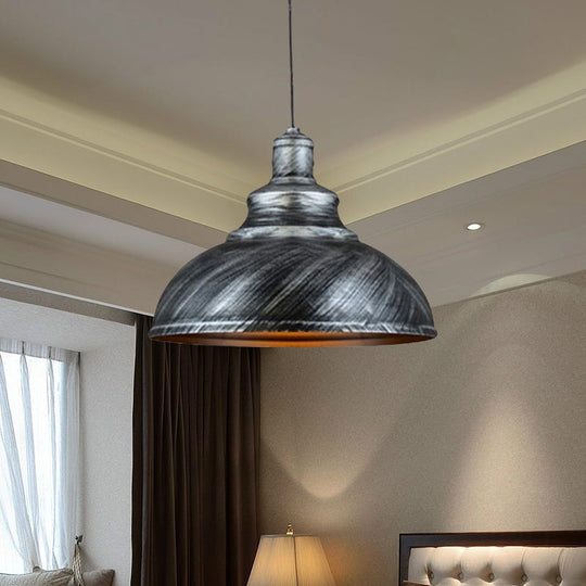 Rustic Metal Bowl Pendant Lamp - Silver/Bronze With Pulley Perfect For Restaurant Ceiling