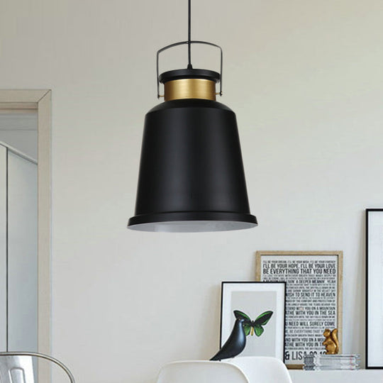 Antiqued Black Bell Pendant Lamp With Aluminum Handle And Down Lighting Bulb
