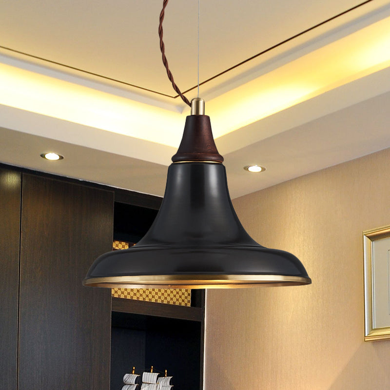 Metallic Farmhouse Suspension Pendant Lamp - Black Finish With Flare For Restaurant Lighting