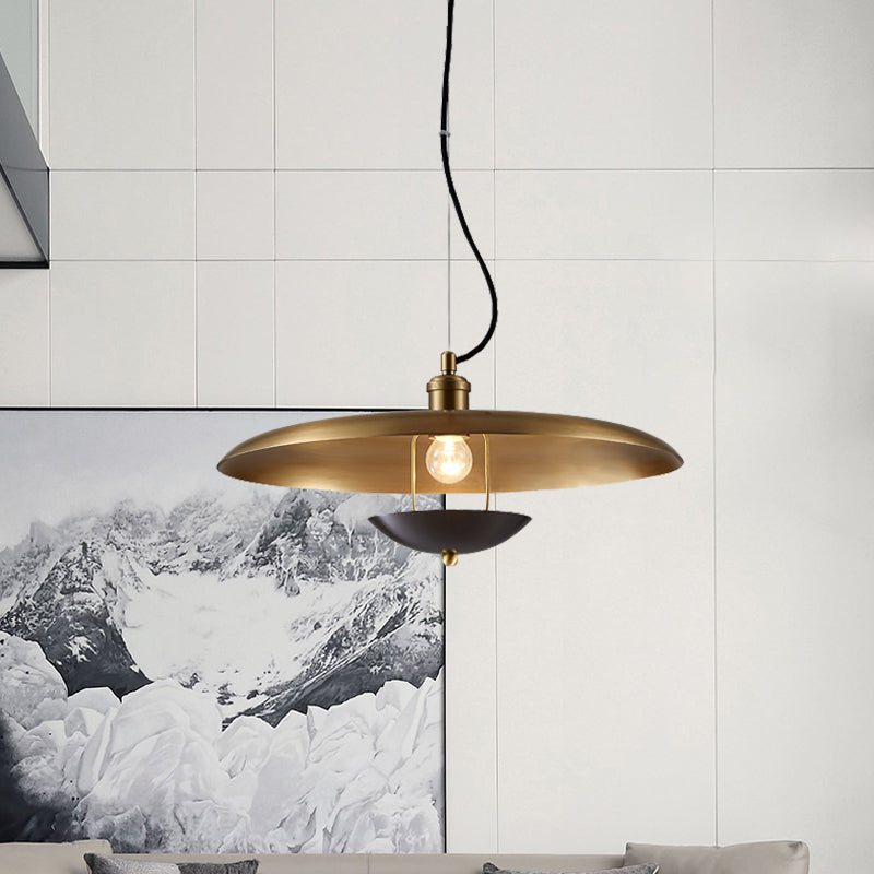 Antiqued Flat Hanging Light - 1-Bulb Metal Ceiling Lamp In Red/Gold With Adjustable Cord Gold