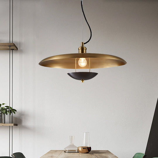 Antiqued Flat Hanging Light - 1-Bulb Metal Ceiling Lamp In Red/Gold With Adjustable Cord