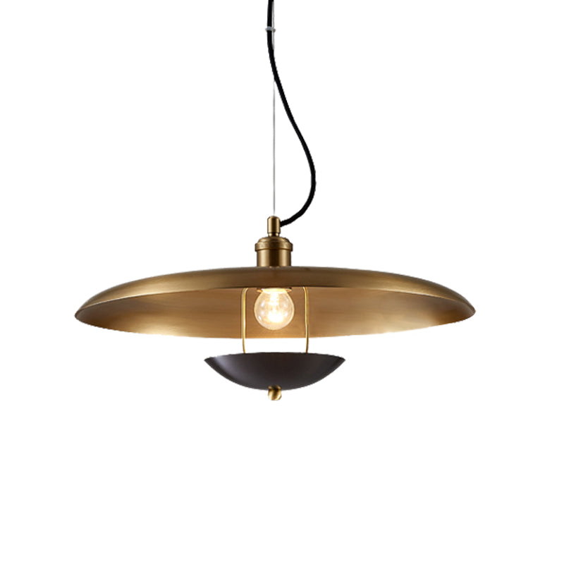 Antiqued Flat Hanging Light - 1-Bulb Metal Ceiling Lamp In Red/Gold With Adjustable Cord