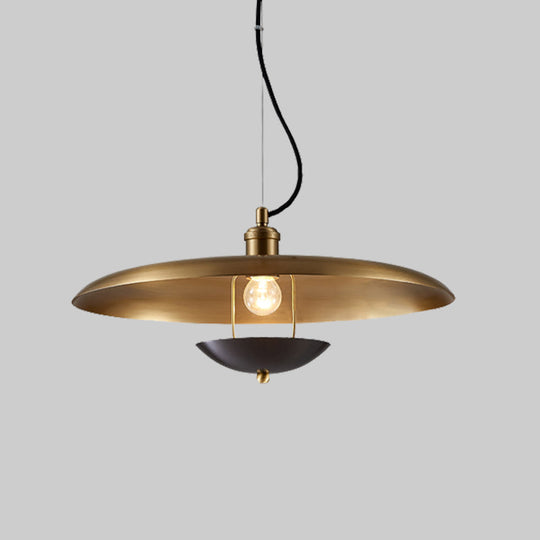 Antiqued Flat Hanging Light - 1-Bulb Metal Ceiling Lamp In Red/Gold With Adjustable Cord