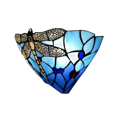 Dragonfly Pattern Stained Glass Bowl Wall Sconce Lighting - Rustic 2-Light Mount