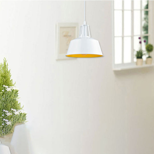Industrial Barn Pendant Light With Metallic Shade - 1-Light Ceiling Lamp In White Perfect For