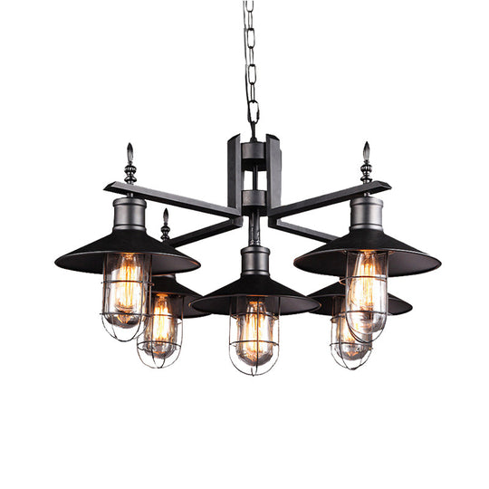 Vintage Wide Flared Pendant Chandelier With 6 Heads And Clear Glass Shade - Black Metal Caged Drop
