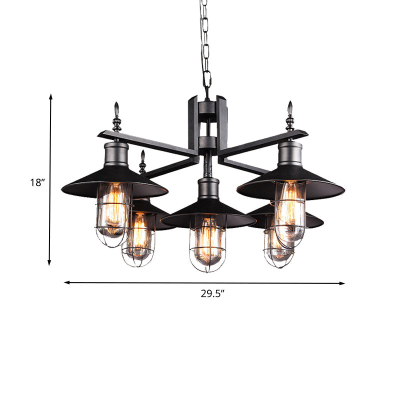Vintage Wide Flared Pendant Chandelier With 6 Heads And Clear Glass Shade - Black Metal Caged Drop