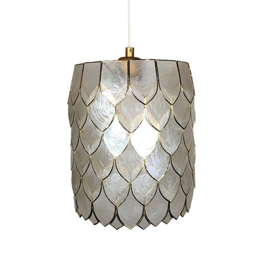 Modern 1-Light Silver Shell Pendant Lamp With Scale Design - Hanging Cylinder Lighting