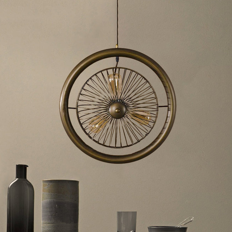 Farmhouse Kitchen Hanging Lamp With Brass/Black Finish - Circle Cage Metal Fixture 3 Lights & Fan