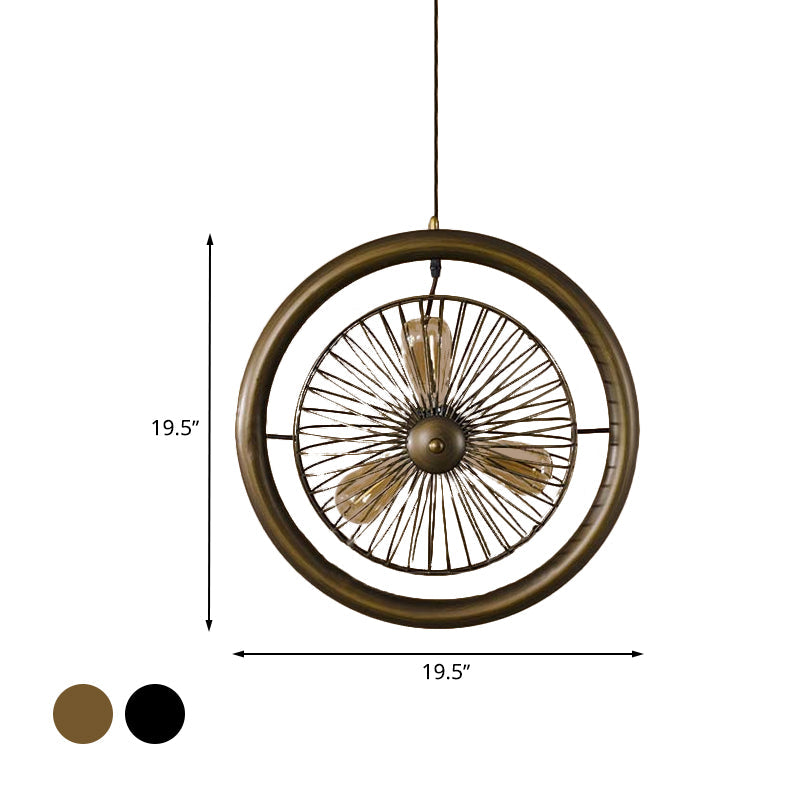 Farmhouse Kitchen Hanging Lamp With Brass/Black Finish - Circle Cage Metal Fixture 3 Lights & Fan