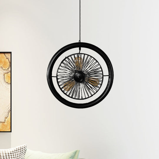 Farmhouse Kitchen Hanging Lamp With Brass/Black Finish - Circle Cage Metal Fixture 3 Lights & Fan