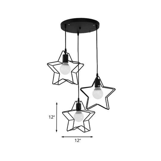 3-Light Industrial Metal Pendant Light With Wire Frame - Black Finish For Star Bedroom