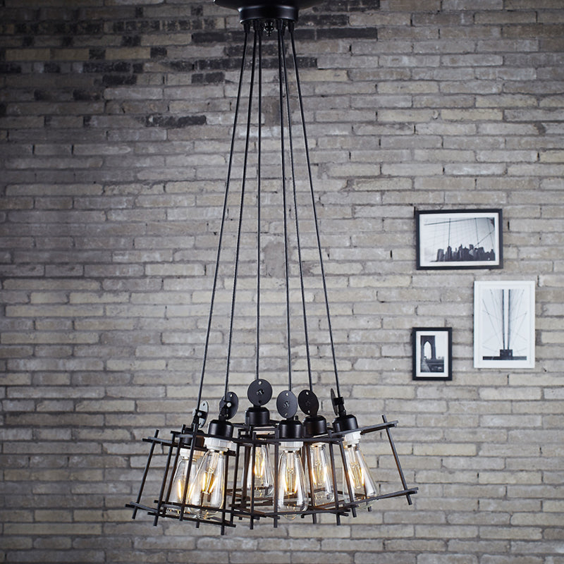 Black Cluster Pendant Light With Caged Shade - Retro Metallic Farmhouse Ceiling Fixture (6 Lights)