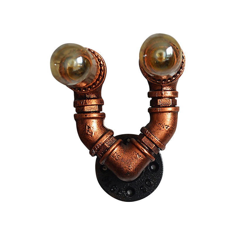Rustic Copper Finish Wall Sconce With Water Pipe Design - 2 Bulbs Stylish Metal Mount Light For